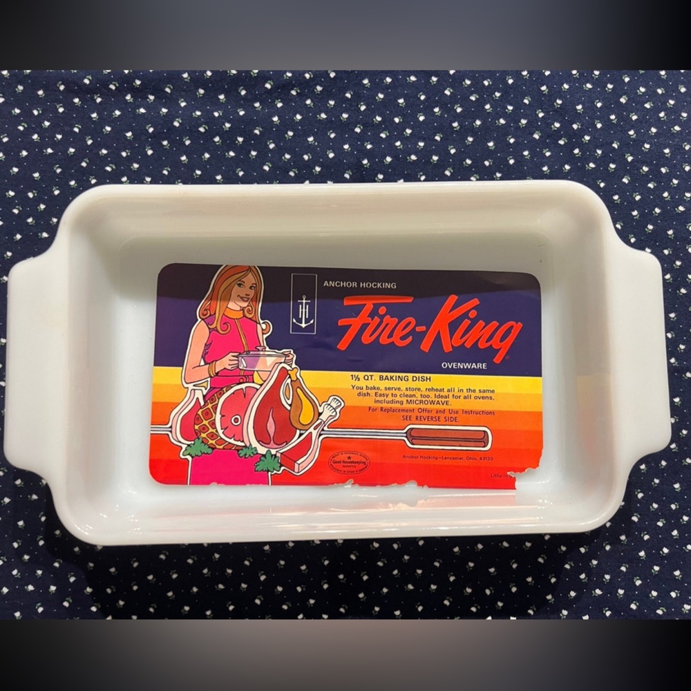 Vintage ! Brand New Fire King White Baking Dish with original label